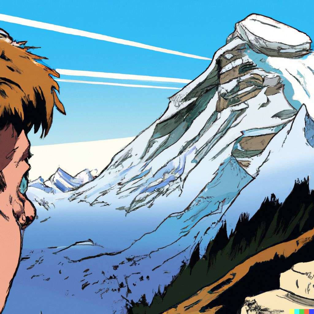 someone gazing at Mount Everest, comic book illustration, toon style